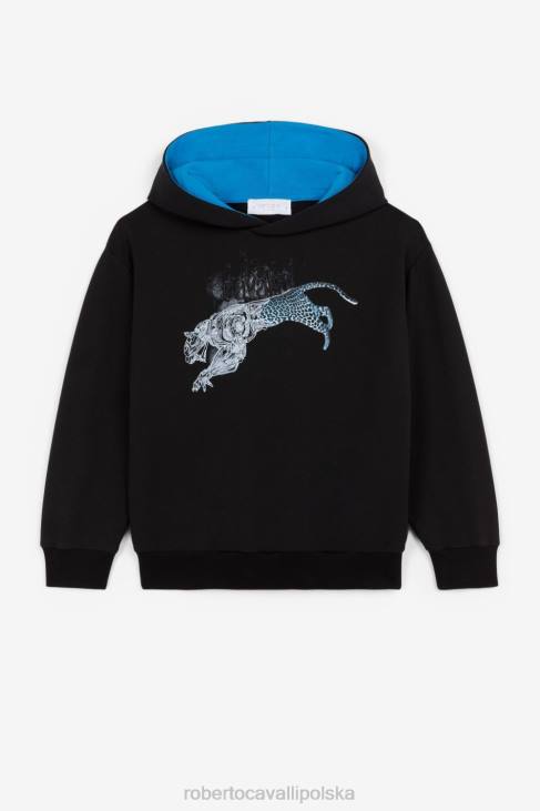 odzież czarny 6D0R1750 chłopcy Roberto Cavalli Bluza z kapturem i nadrukiem jaguara, z haftowanym logo