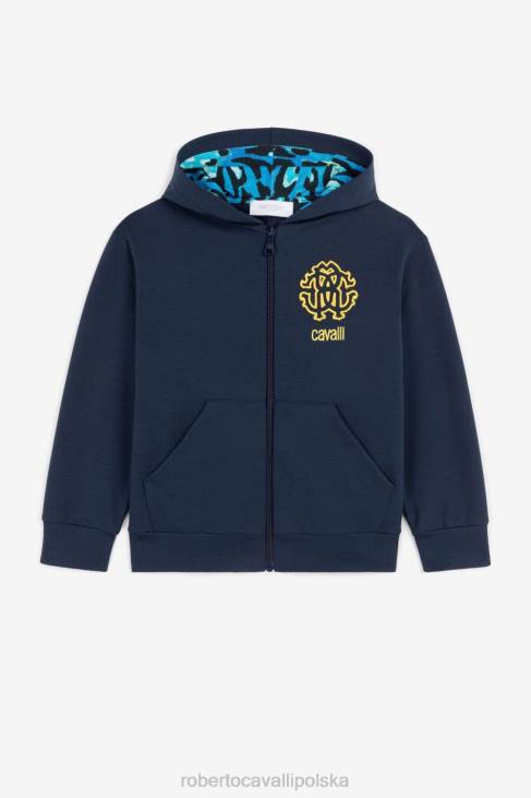 odzież niebieska marynarka wojenna 6D0R1710 chłopcy Roberto Cavalli Bluza z kapturem i zamkiem błyskawicznym z haftowanym monogramem rc