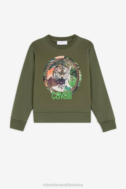 odzież wojskowa zieleń 6D0R1605 chłopcy Roberto Cavalli Bawełniana bluza z nadrukiem tygrysa