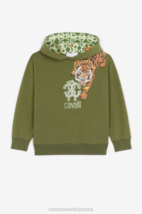 odzież wojskowa zieleń 6D0R1739 chłopcy Roberto Cavalli Bluza z kapturem i logo tygrysa