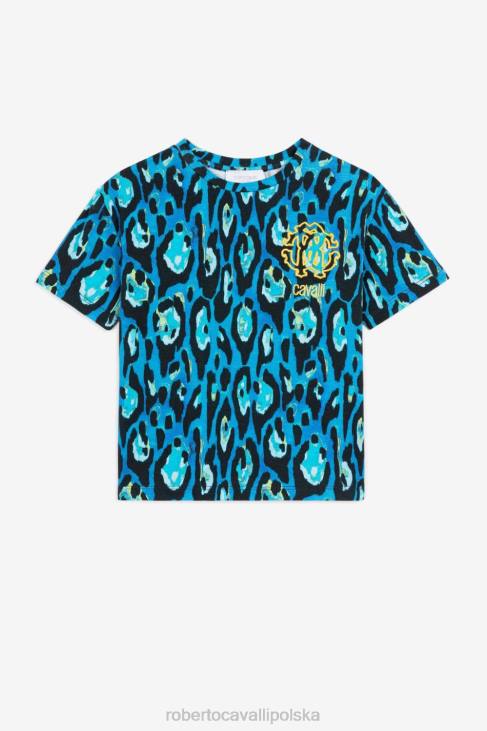 odzież niebieski 6D0R1708 chłopcy Roberto Cavalli T-shirt z wyszytym logo w panterkę