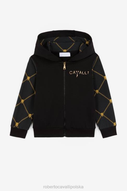 odzież czarny 6D0R1526 dziewczyny Roberto Cavalli Bluza z kapturem i zamkiem błyskawicznym z głową pantery i nadrukiem łańcuszka