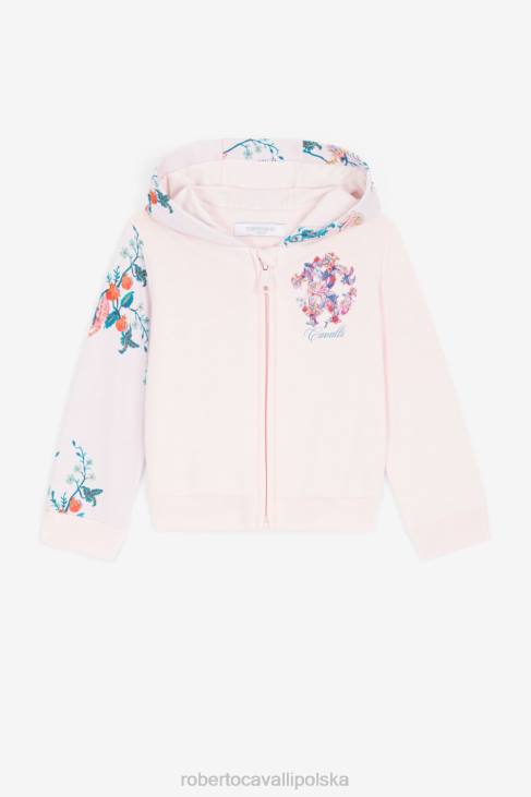 odzież różowy 6D0R1291 dziewczyny Roberto Cavalli Bawełniana bluza z kapturem w kwiaty i jaguar