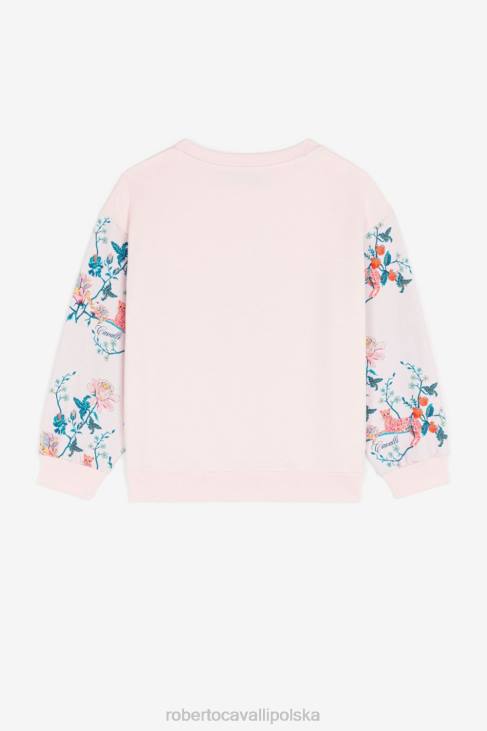 odzież różowy 6D0R1291 dziewczyny Roberto Cavalli Bawełniana bluza z kapturem w kwiaty i jaguar
