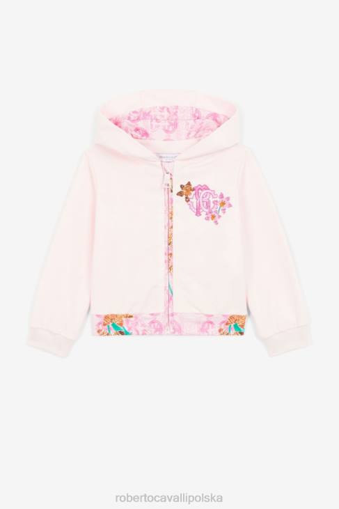 odzież różowy 6D0R1452 dziewczyny Roberto Cavalli Bluza z kapturem i haftowanym monogramem, zapinana na zamek z przodu