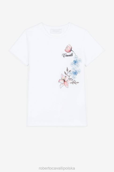 odzież złamana biel 6D0R1420 dziewczyny Roberto Cavalli T-shirt z haftowanym logo w kwiatowy nadruk