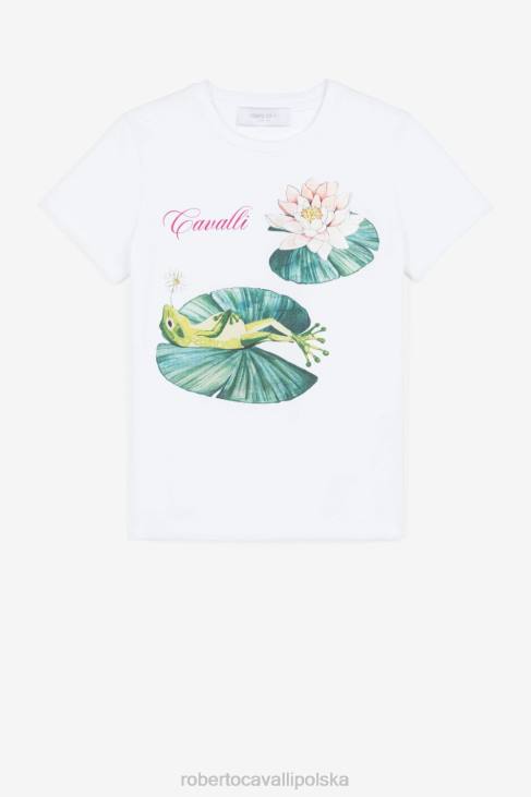 odzież złamana biel 6D0R1530 dziewczyny Roberto Cavalli T-shirt z motywem lilii wodnej i żaby