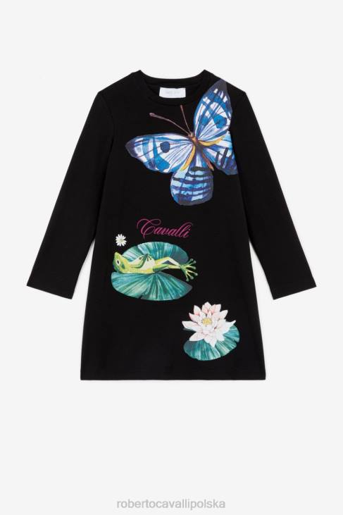 odzież czarny 6D0R1326 dziewczyny Roberto Cavalli sukienka w bajkowy print