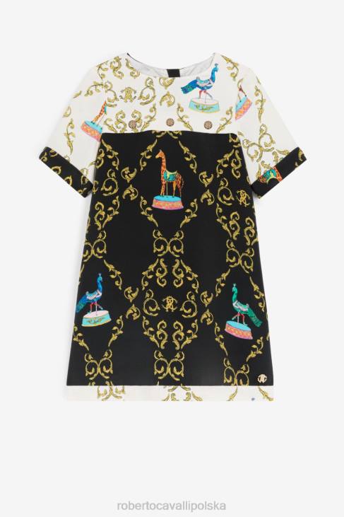 odzież czarny biały 6D0R1314 dziewczyny Roberto Cavalli Jedwabna sukienka w filigranowy print