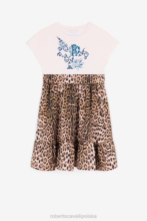 odzież różowy 6D0R1312 dziewczyny Roberto Cavalli Bawełniana sukienka w panterkę z monogramem rc