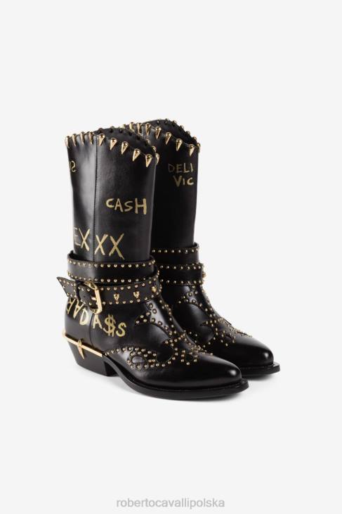 obuwie Nero Lucido 6D0R580 kobiety Roberto Cavalli Buty typu western z tygrysim zębem i nadrukiem ze sloganem