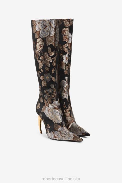 obuwie moda 6D0R573 kobiety Roberto Cavalli Wysokie buty do kolan z brokatem w kwiaty i tygrysim zębem