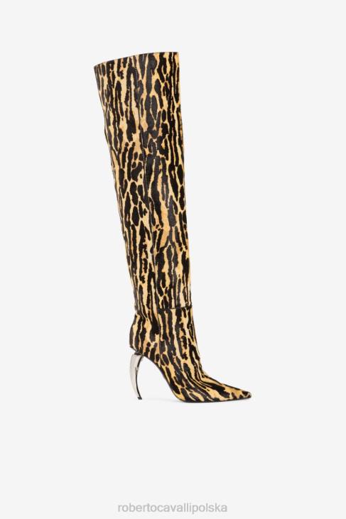 obuwie żółte złoto 6D0R574 kobiety Roberto Cavalli Aksamitne buty na wysokości ud z zębami tygrysimi