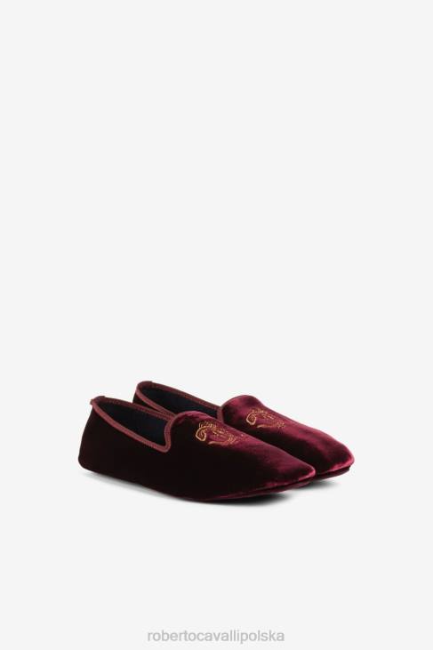 obuwie bordeaux 6D0R557 kobiety Roberto Cavalli Lustrzane aksamitne pantofle z haftem węża