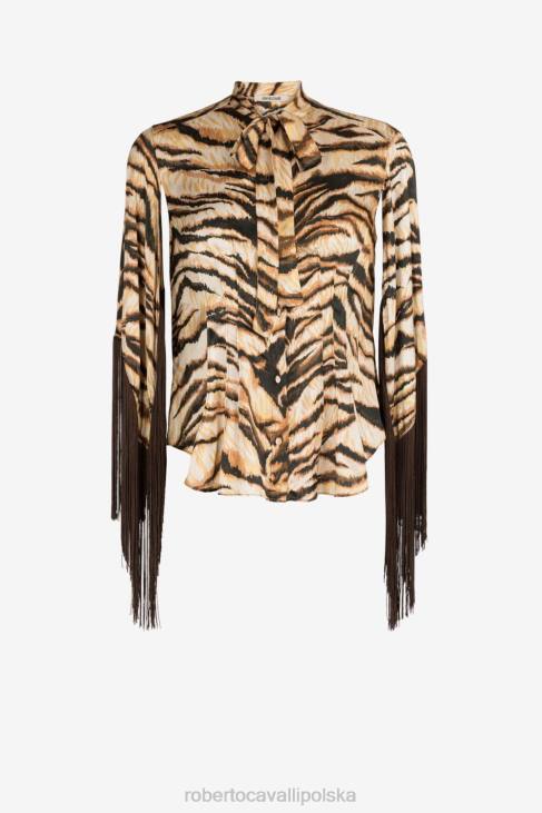 odzież naturalny 6D0R139 kobiety Roberto Cavalli koszula z frędzlami i nadrukiem tygrysa