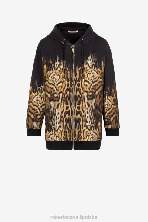 odzież beżowy/czarny 6D0R310 kobiety Roberto Cavalli Bawełniana bluza z kapturem w nadruk ocelotu