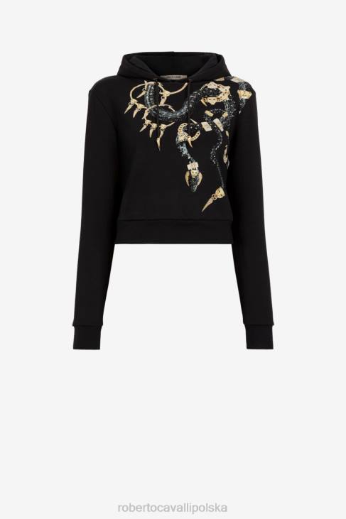 odzież czarny 6D0R315 kobiety Roberto Cavalli Bawełniana bluza z kapturem z motywem węża i biżuterii