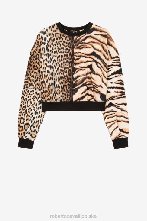 odzież kość słoniowa/czarny 6D0R295 kobiety Roberto Cavalli Bawełniana bluza z bardziej zwierzęcym patchworkowym nadrukiem