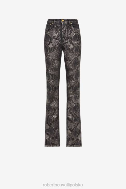 odzież czarny 6D0R391 kobiety Roberto Cavalli Metaliczne jeansy z prostymi nogawkami i nadrukiem pytona
