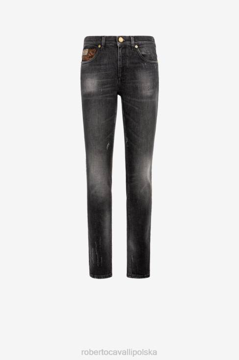 odzież wdzięczny 6D0R395 kobiety Roberto Cavalli Dżinsy slim-fit ze zwierzęcymi patchworkowymi aplikacjami