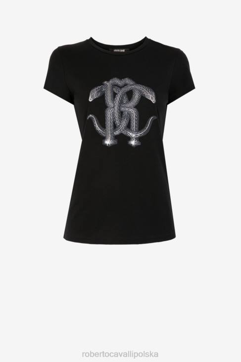odzież czarny/pallad 6D0R158 kobiety Roberto Cavalli T-shirt z lustrzanym nadrukiem węża