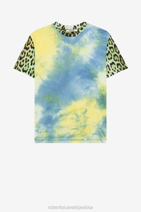 odzież moda 6D0R170 kobiety Roberto Cavalli bawełniana koszulka z nadrukiem tie-dye i jaguarem