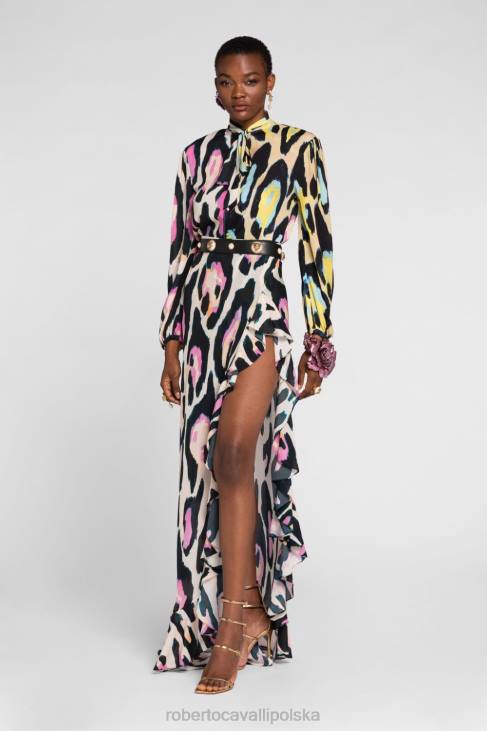 odzież moda 6D0R170 kobiety Roberto Cavalli bawełniana koszulka z nadrukiem tie-dye i jaguarem