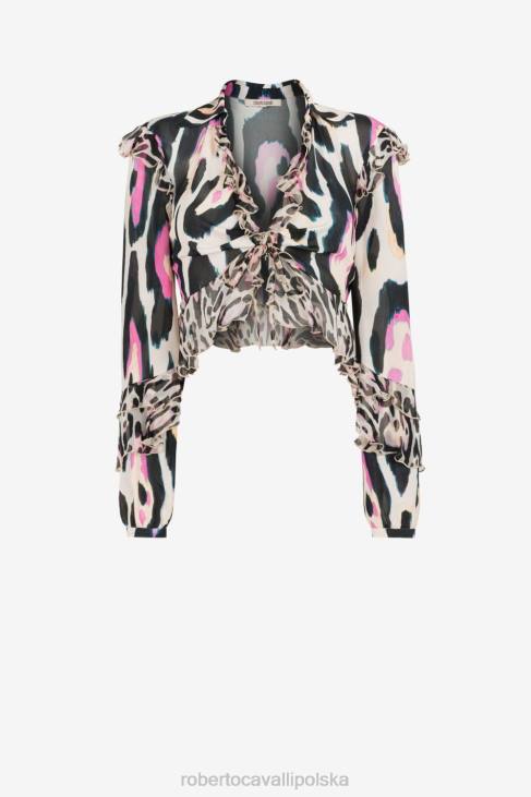 odzież wdzięczny 6D0R219 kobiety Roberto Cavalli Krótki top z falbaną i nadrukiem jaguara