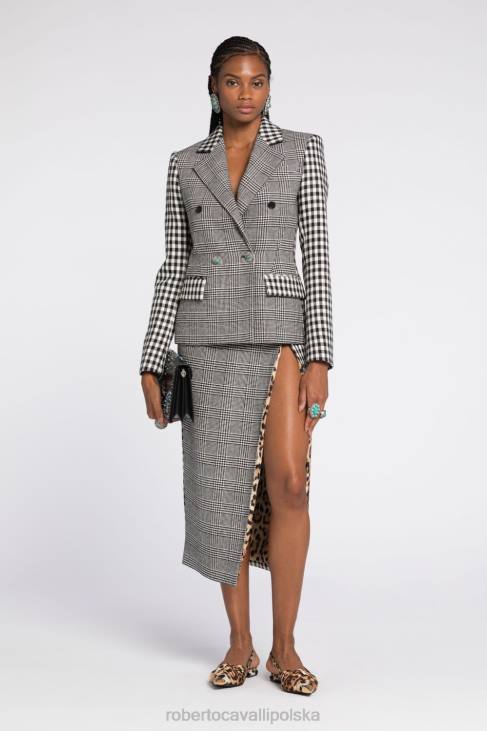 odzież czarny biały 6D0R323 kobiety Roberto Cavalli jednorzędowa marynarka w pepitkę