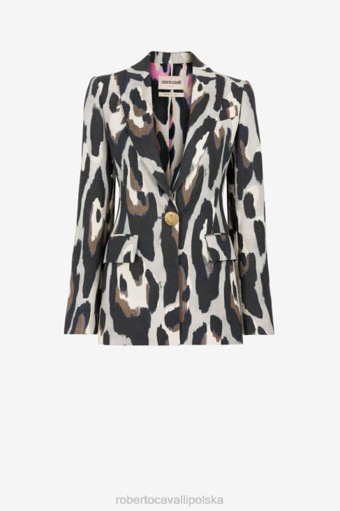 odzież moda 6D0R331 kobiety Roberto Cavalli Jednorzędowa lniana marynarka we wzór jaguara