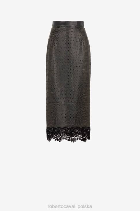 odzież elegancki 6D0R246 kobiety Roberto Cavalli Skórzana spódnica z koronkowym wykończeniem w zwierzęcy wzór