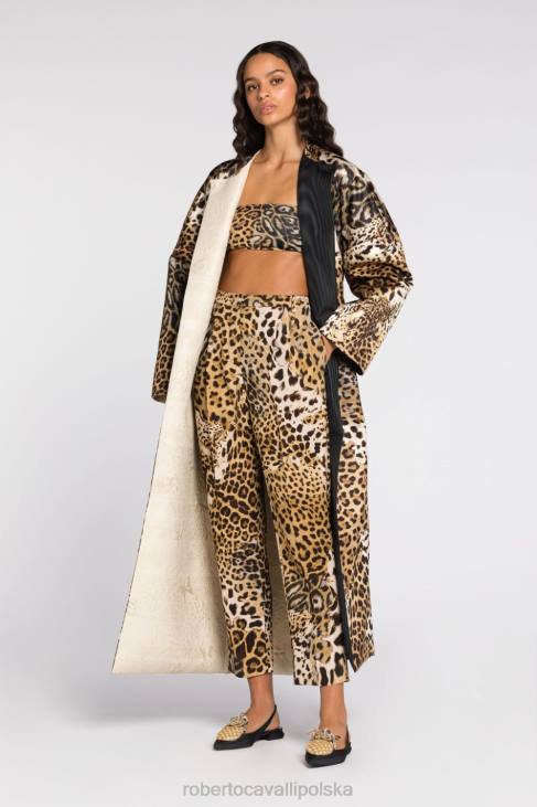 odzież naturalny 6D0R264 kobiety Roberto Cavalli Plisowane spodnie z prostymi nogawkami we wzór jaguara