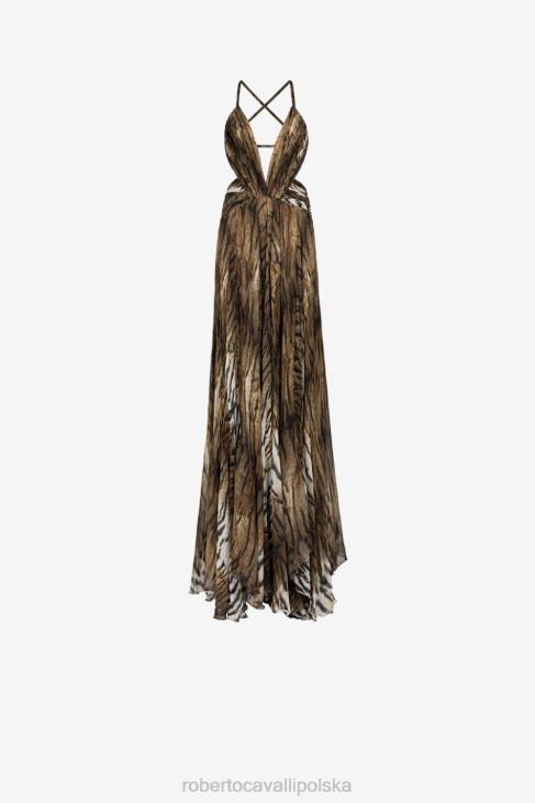 odzież brązowy 6D0R51 kobiety Roberto Cavalli Jedwabna sukienka maxi w tygrysi wzór