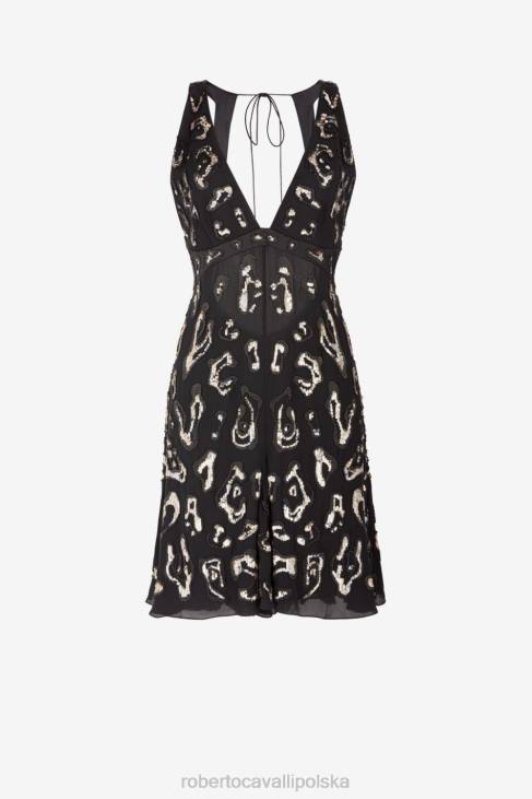 odzież czarny 6D0R122 kobiety Roberto Cavalli zdobiona cekinami sukienka mini z jedwabiu w panterkę