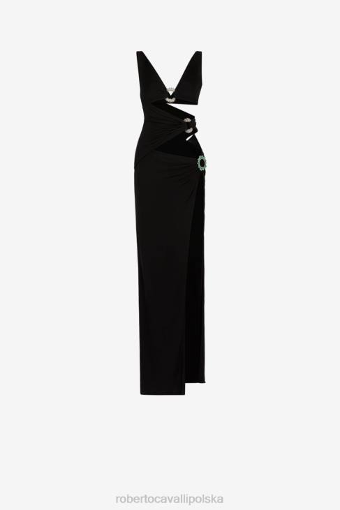 odzież czarny 6D0R22 kobiety Roberto Cavalli zdobiona sukienka maxi z wycięciem
