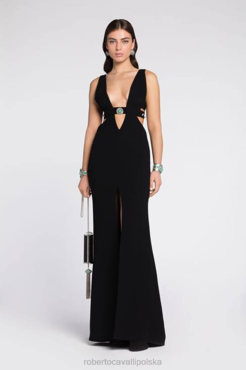 odzież czarny 6D0R22 kobiety Roberto Cavalli zdobiona sukienka maxi z wycięciem