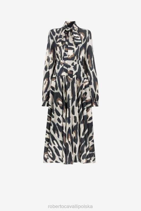 odzież gorący 6D0R88 kobiety Roberto Cavalli Lniana sukienka midi w zwierzęcy print