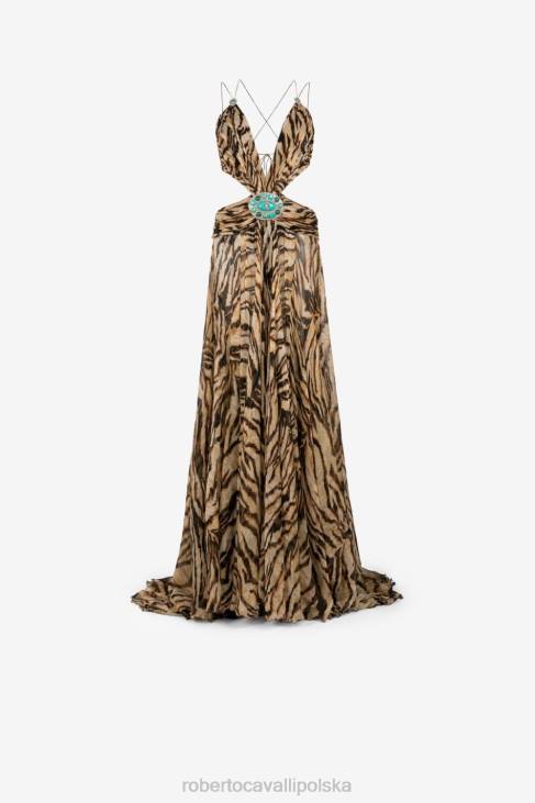 odzież moda 6D0R1 kobiety Roberto Cavalli suknia z wyciętym wzorem i nadrukiem wolności