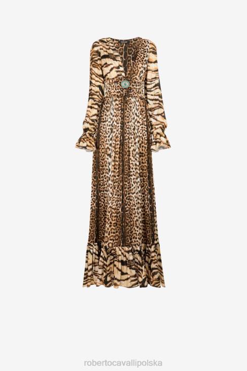 odzież moda 6D0R27 kobiety Roberto Cavalli suknia w panterkę, z dekoltem w kształcie litery V