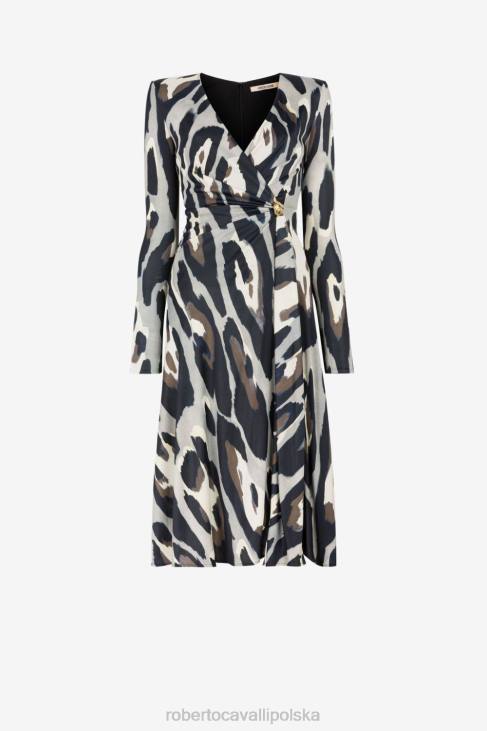 odzież moda 6D0R91 kobiety Roberto Cavalli Kopertowa sukienka midi w zwierzęcy print