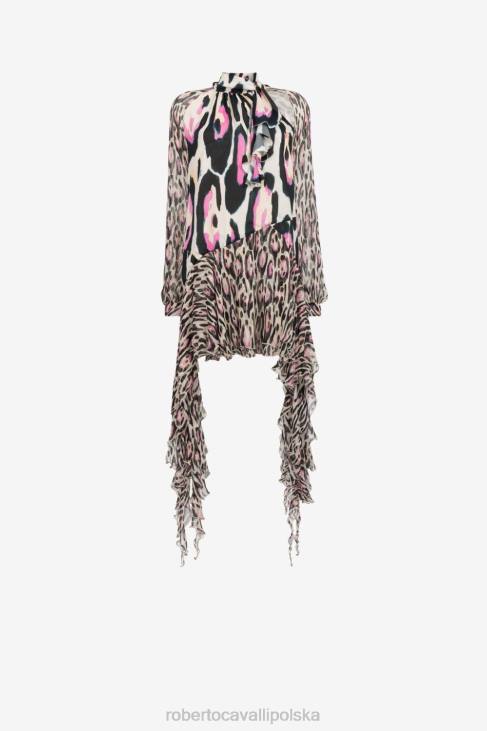 odzież moda 6D0R95 kobiety Roberto Cavalli Sukienka mini z nadrukiem jaguara, wykończona falbaną