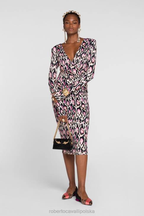 odzież moda 6D0R95 kobiety Roberto Cavalli Sukienka mini z nadrukiem jaguara, wykończona falbaną