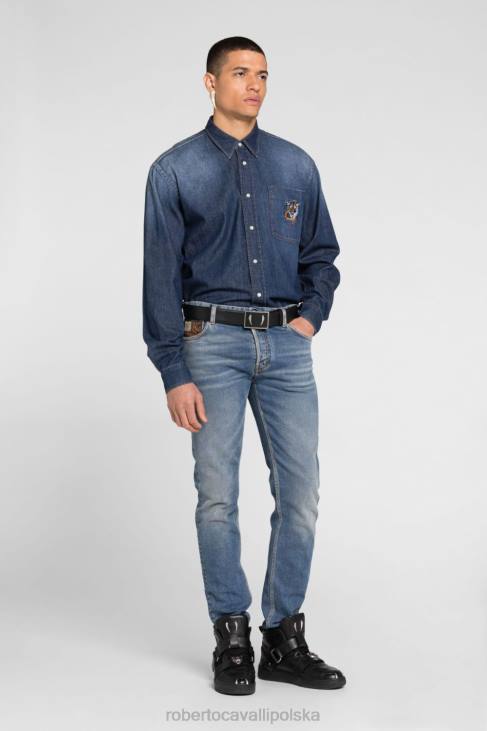odzież elegancki 6D0R1066 mężczyźni Roberto Cavalli Dżinsy z prostymi nogawkami i monogramem rc z aplikacją w kształcie herbu