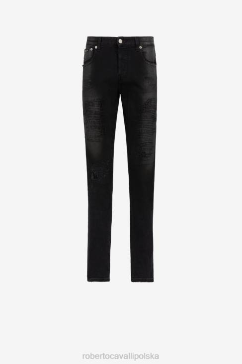 odzież gorący 6D0R1065 mężczyźni Roberto Cavalli Dżinsy z monogramem rc i aplikacją w kształcie grzebienia