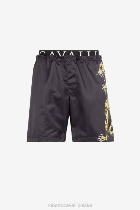 odzież moda 6D0R1037 mężczyźni Roberto Cavalli Szorty kąpielowe z nadrukiem jaguara i paskiem w talii