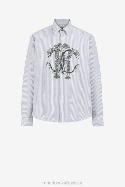 odzież czarny biały 6D0R824 mężczyźni Roberto Cavalli Lustrzana koszula w prążki z wężowym wzorem