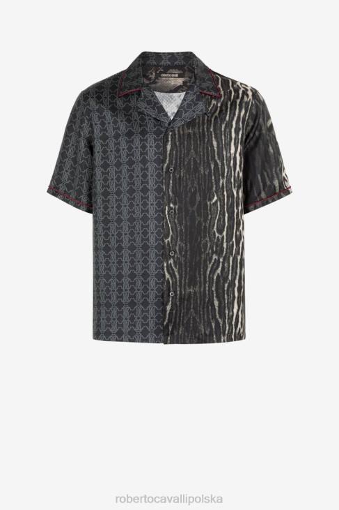 odzież elegancki 6D0R826 mężczyźni Roberto Cavalli Jedwabna koszula z nadrukiem ocelota i rc z monogramem