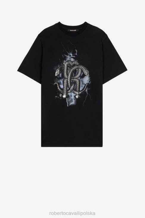 odzież czarny 6D0R732 mężczyźni Roberto Cavalli T-shirt z lustrzanym nadrukiem węża