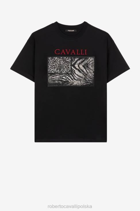 odzież gorący 6D0R772 mężczyźni Roberto Cavalli Bawełniana koszulka w bardziej zwierzęcym stylu z patchworkowymi aplikacjami