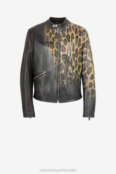 odzież elegancki 6D0R914 mężczyźni Roberto Cavalli Skórzana kurtka bomber w panterkę